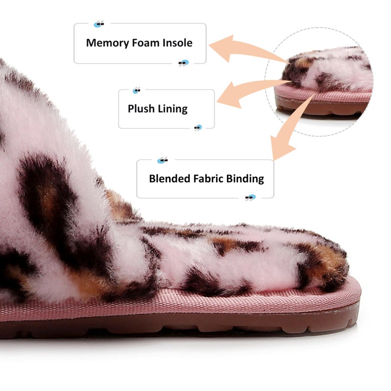 Crazy Lady Women's Fuzzy Fluffy House Slippers Cute Plush Memory Foam Shoes Cross Band Indoor Outdoor Open Toe Sandals(06/Pink,Leopard 8.5-9.5) - Image 5